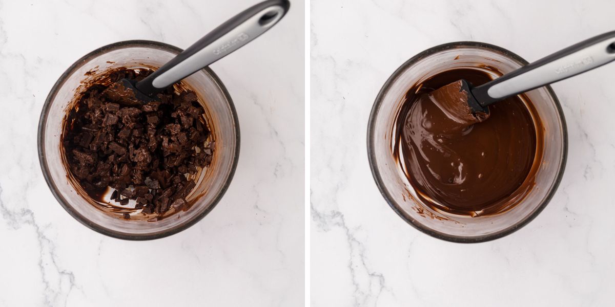 Chocolate added to a bowl and microwaved until melted.