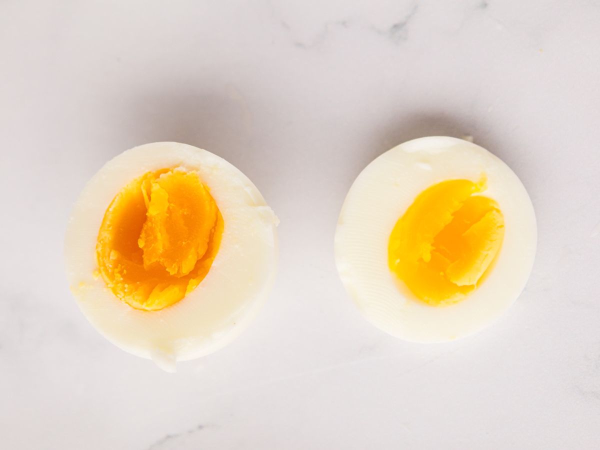 Medium boiled egg cut in half.