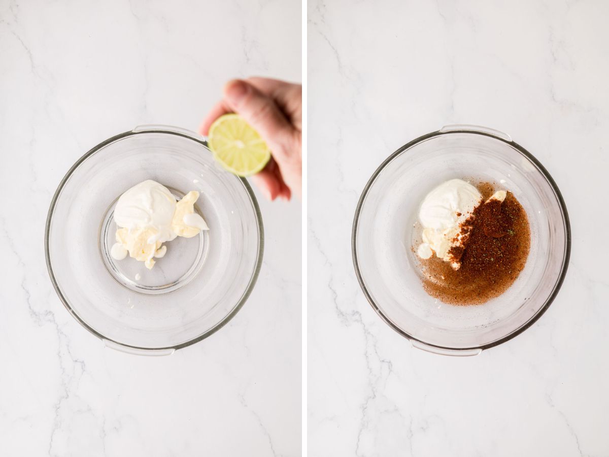 Mayonnaise and Crema with lime, squeeze into it and seasonings added.