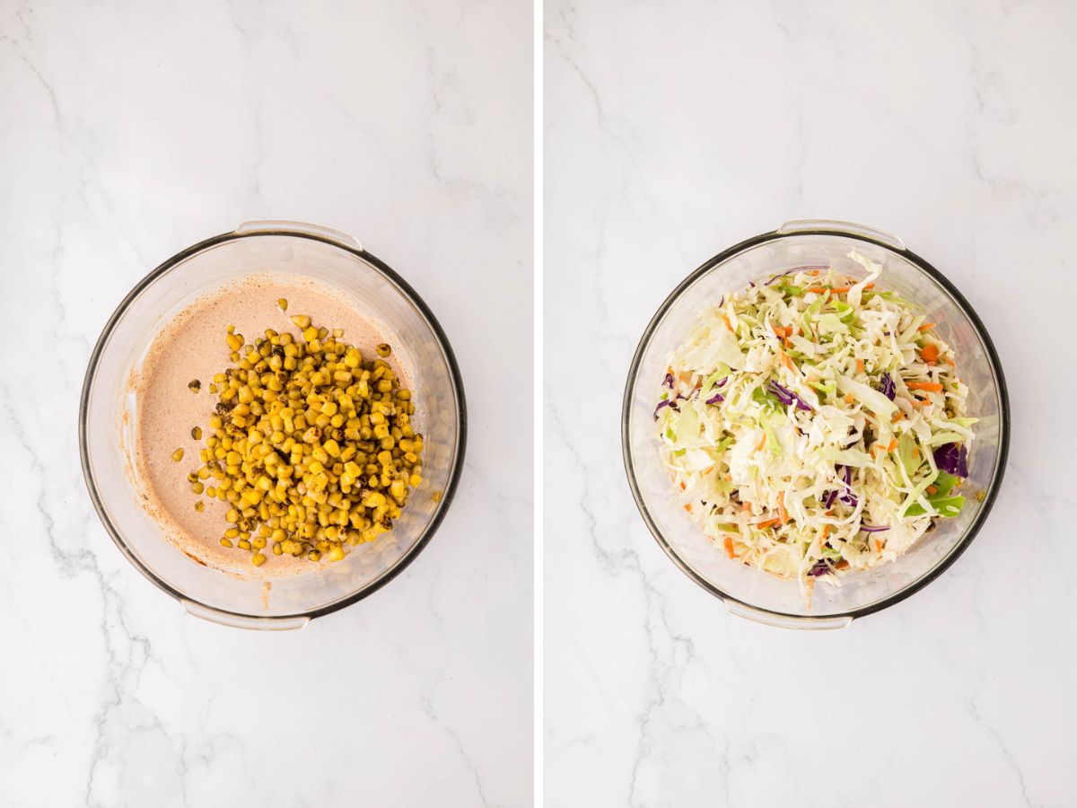 Roasted corn and cabbage added to the Mexican slaw dressing in a bowl.
