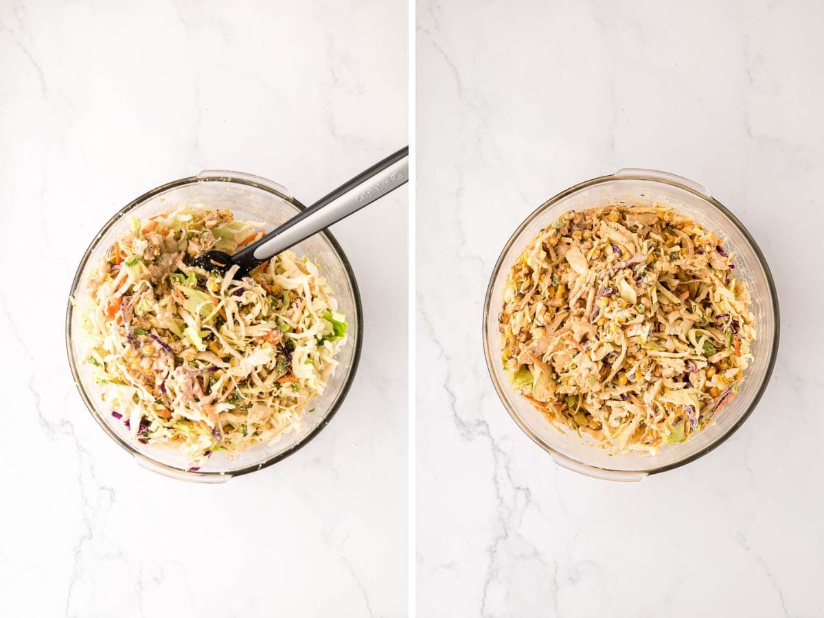 A bowl of Mexican coleslaw tossed in dressing.