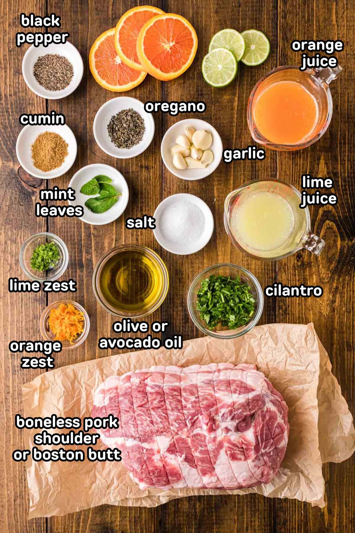 Labeled photo of ingredients needed to make roasted Cuban pork.