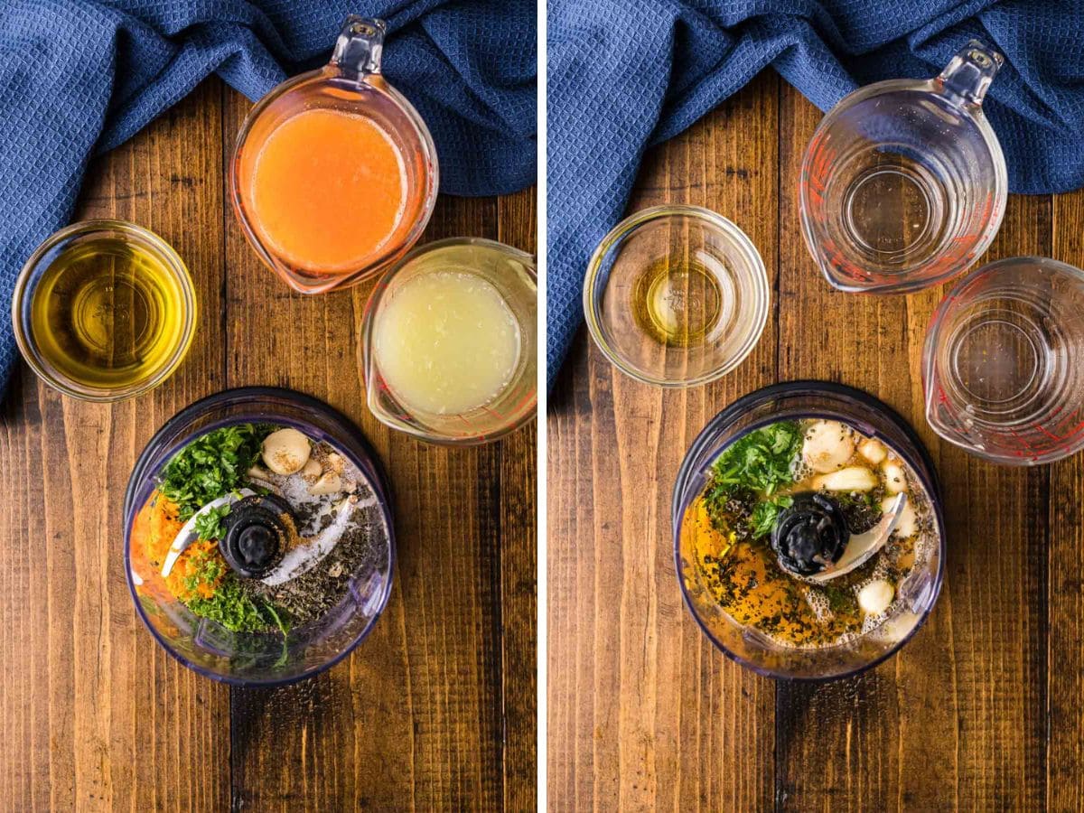 Side by side photos of making the marinade for Cuban pork.