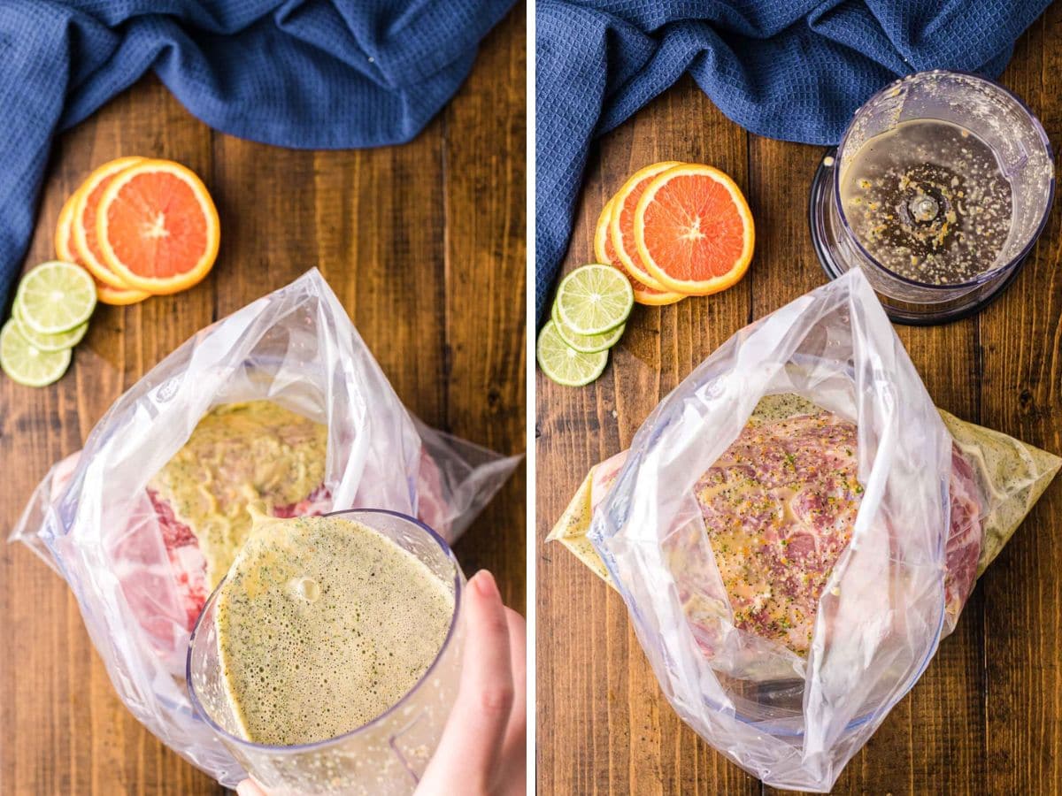 Side by side photos of pouring marinade over the pork.