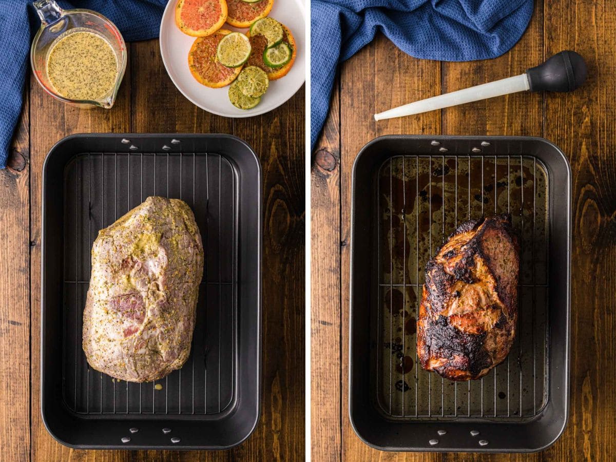 Side by side photos of pork shoulder on a roasting pan before and after roasting.