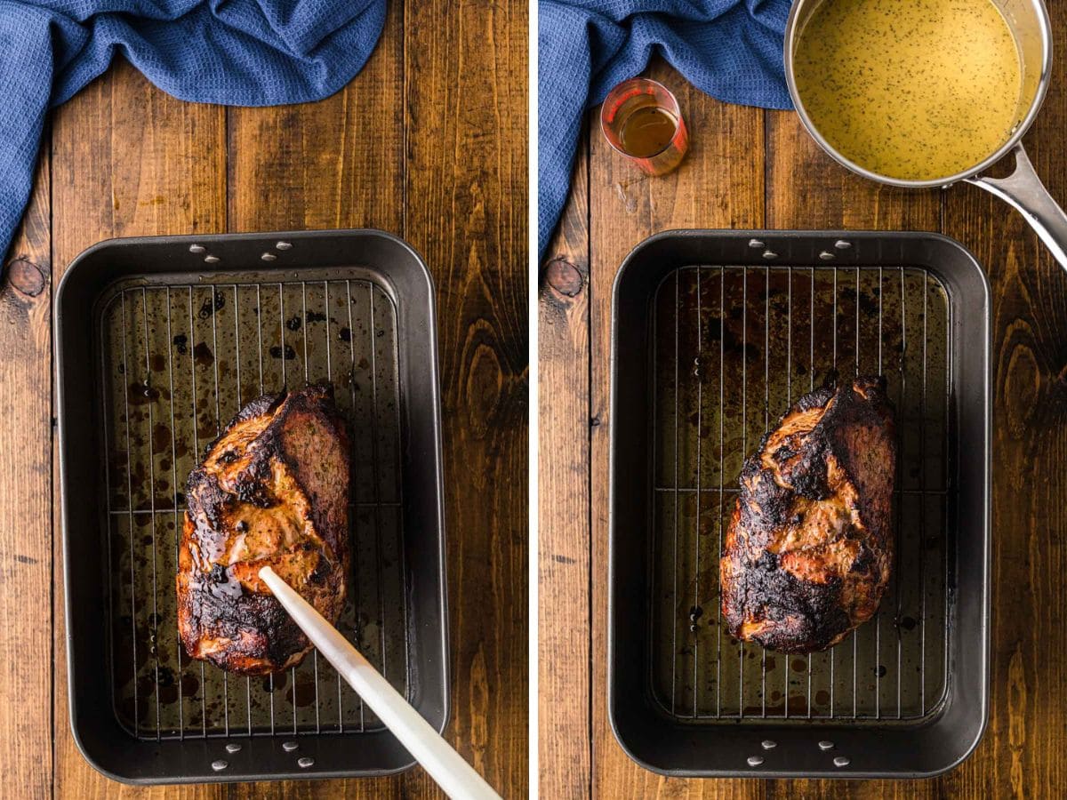 Basting the roasted cuban pork while still in the roasting pan.