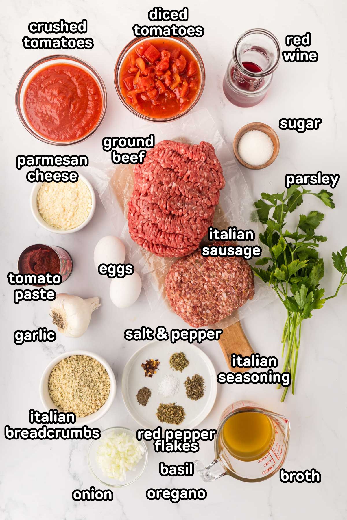 Labeled photo of the ingredients needed to make slow cooker Italian meatballs.