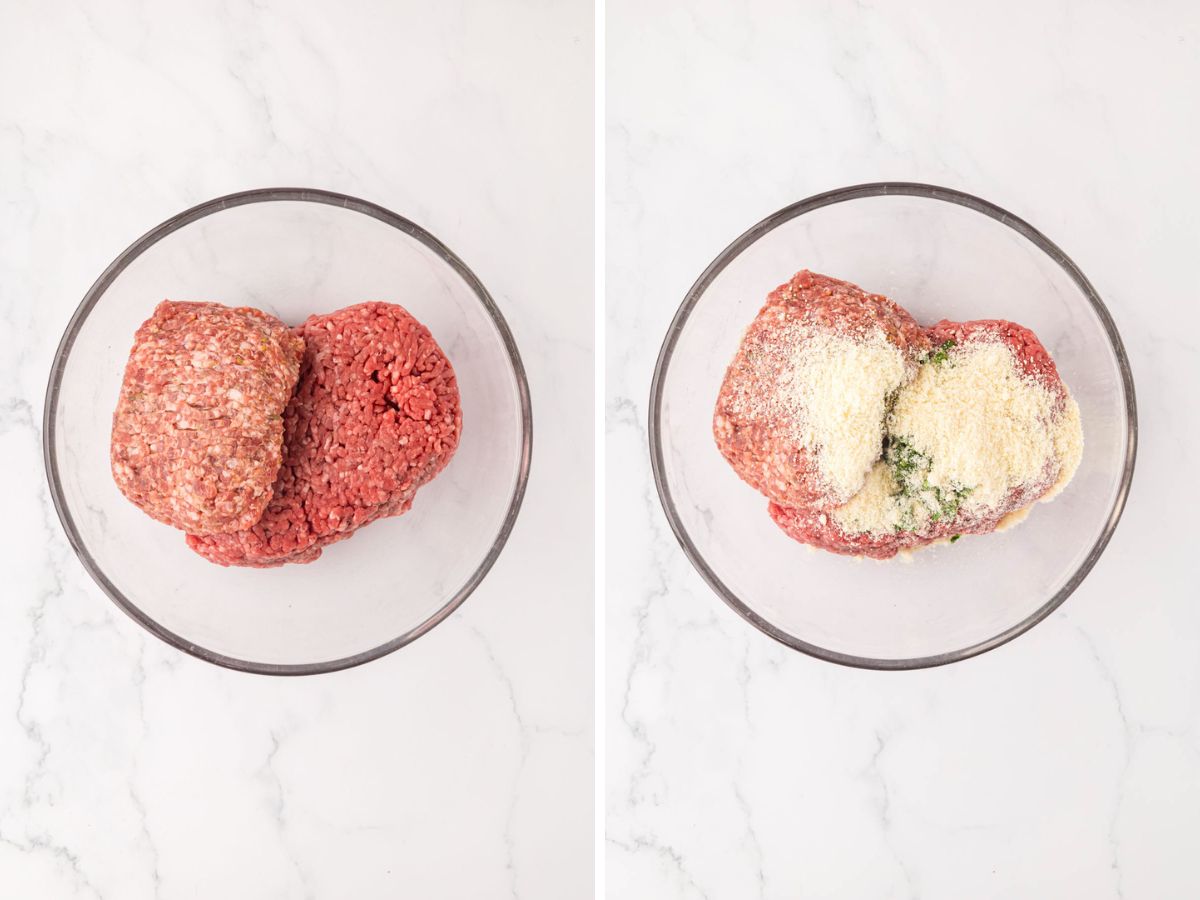 Side by side photos of adding ground meat, parmesan cheese and herbs to a mixing bowl.