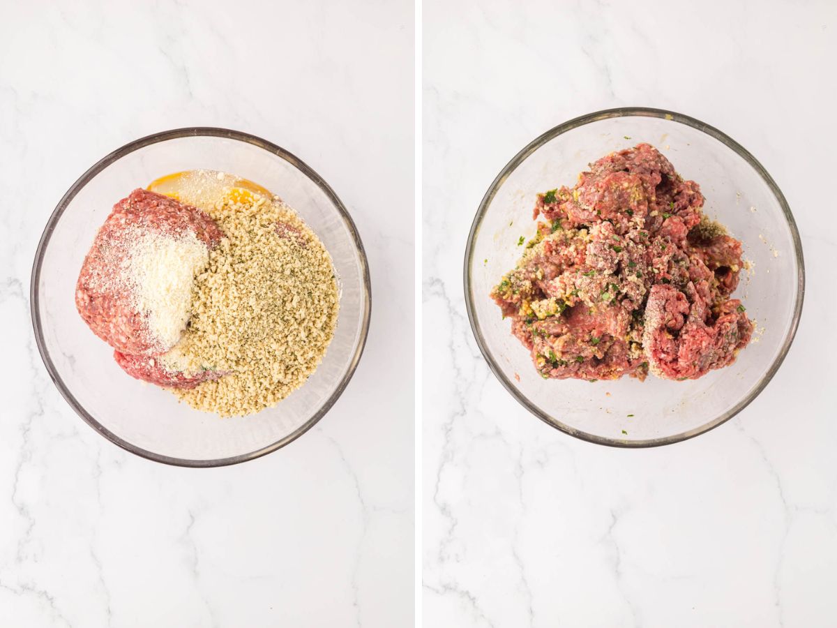 Side by side photos of mixing the meat with meatball ingredients in a mixing bowl.