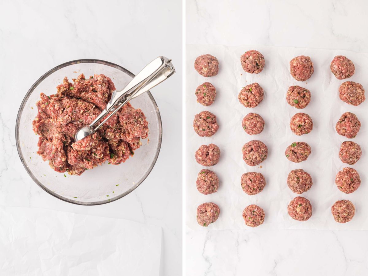 Side by side photos of using a cookie scoop to make the meatballs.