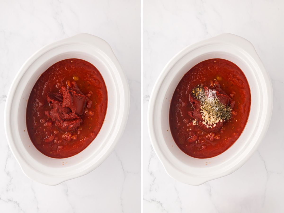 Side by side photos of adding the tomatoes, garlic and spices to the crock pot.