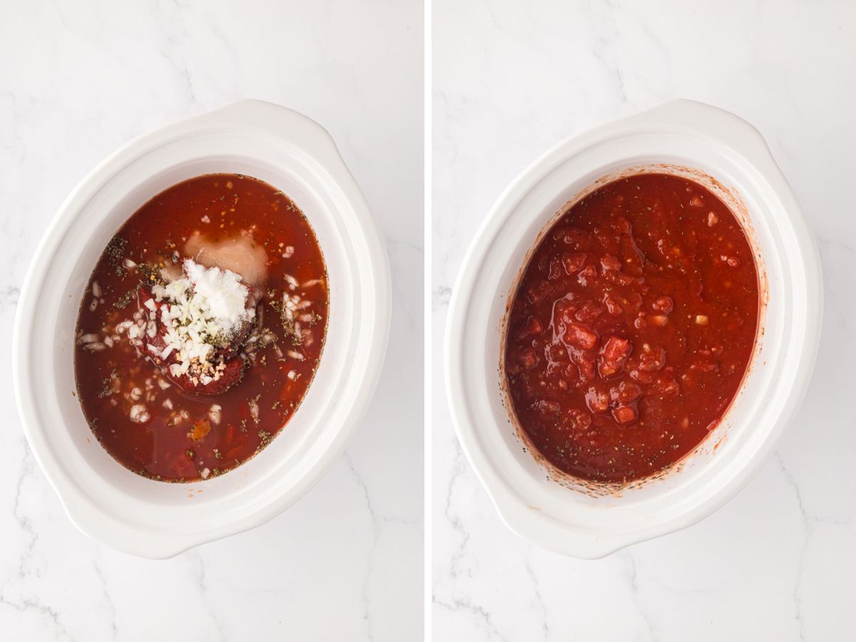 Side bye side photos of adding onion and additional sauce ingredients in the crock pot.