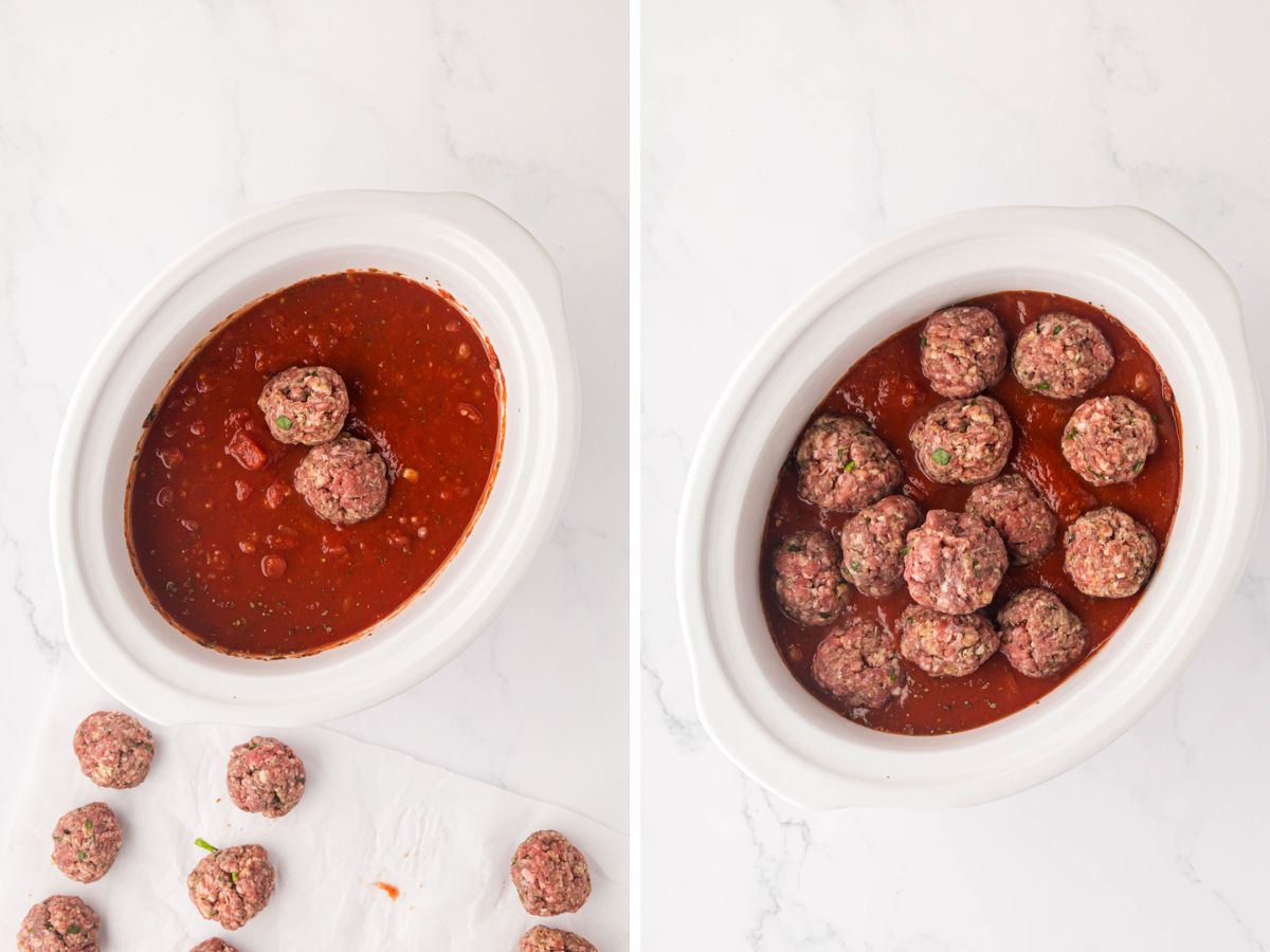 Side by side photos of adding the Italian meatballs into the crock pot.