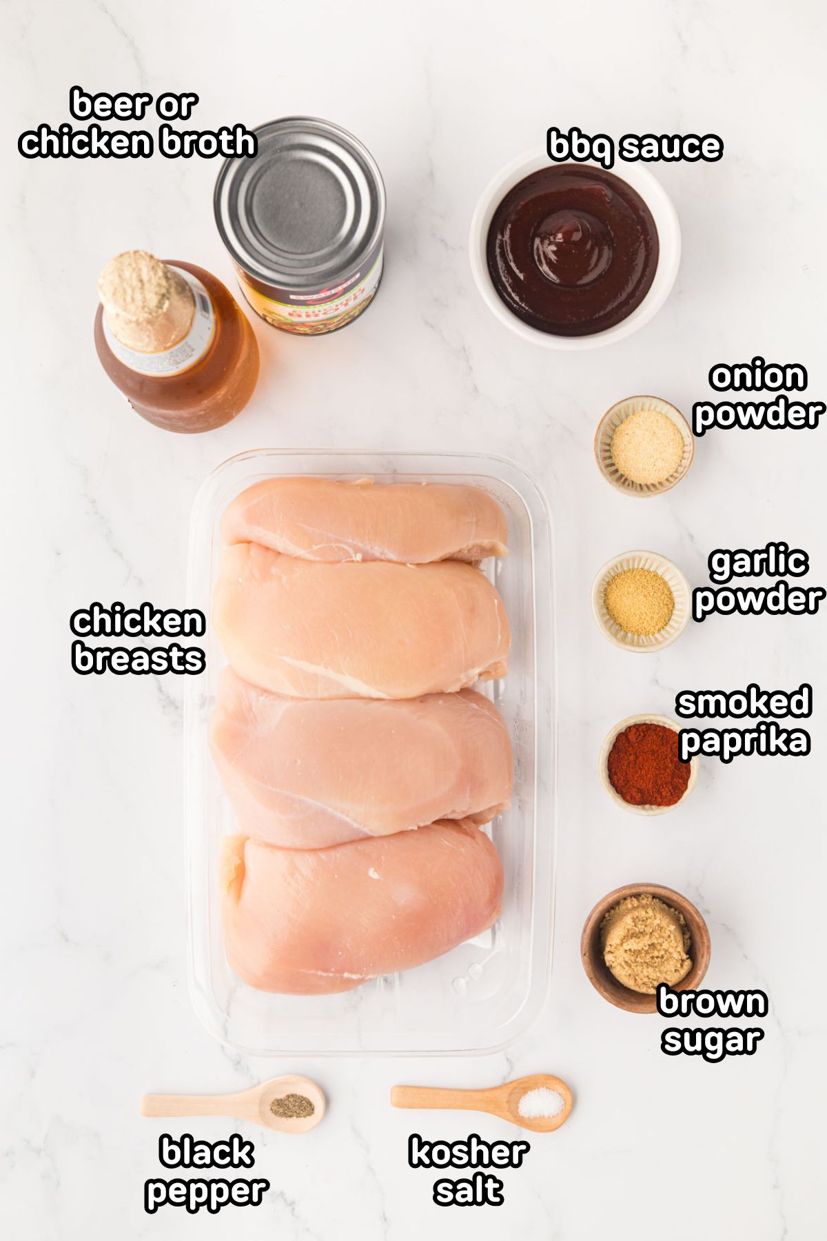 Labeled photo of ingredients needed to make slow cooker pulled BBQ chicken.