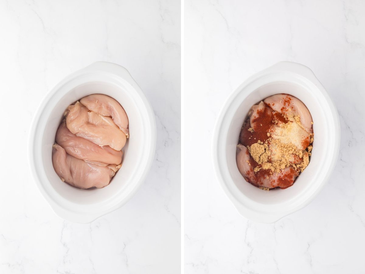 Side by side photos of adding chicken and spices to the slow cooker.