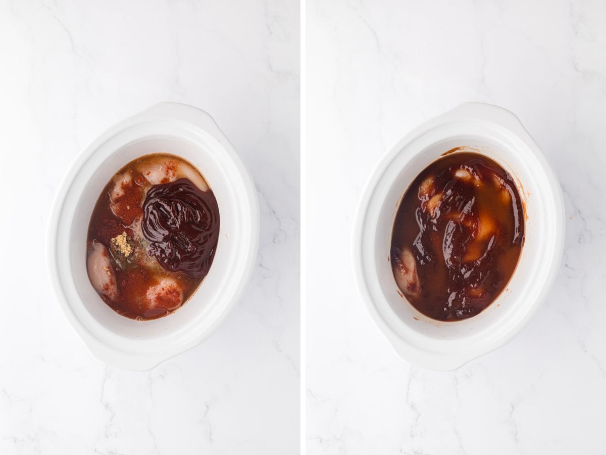Side by side photos of adding chicken broth and BBQ sauce to the slow cooker.
