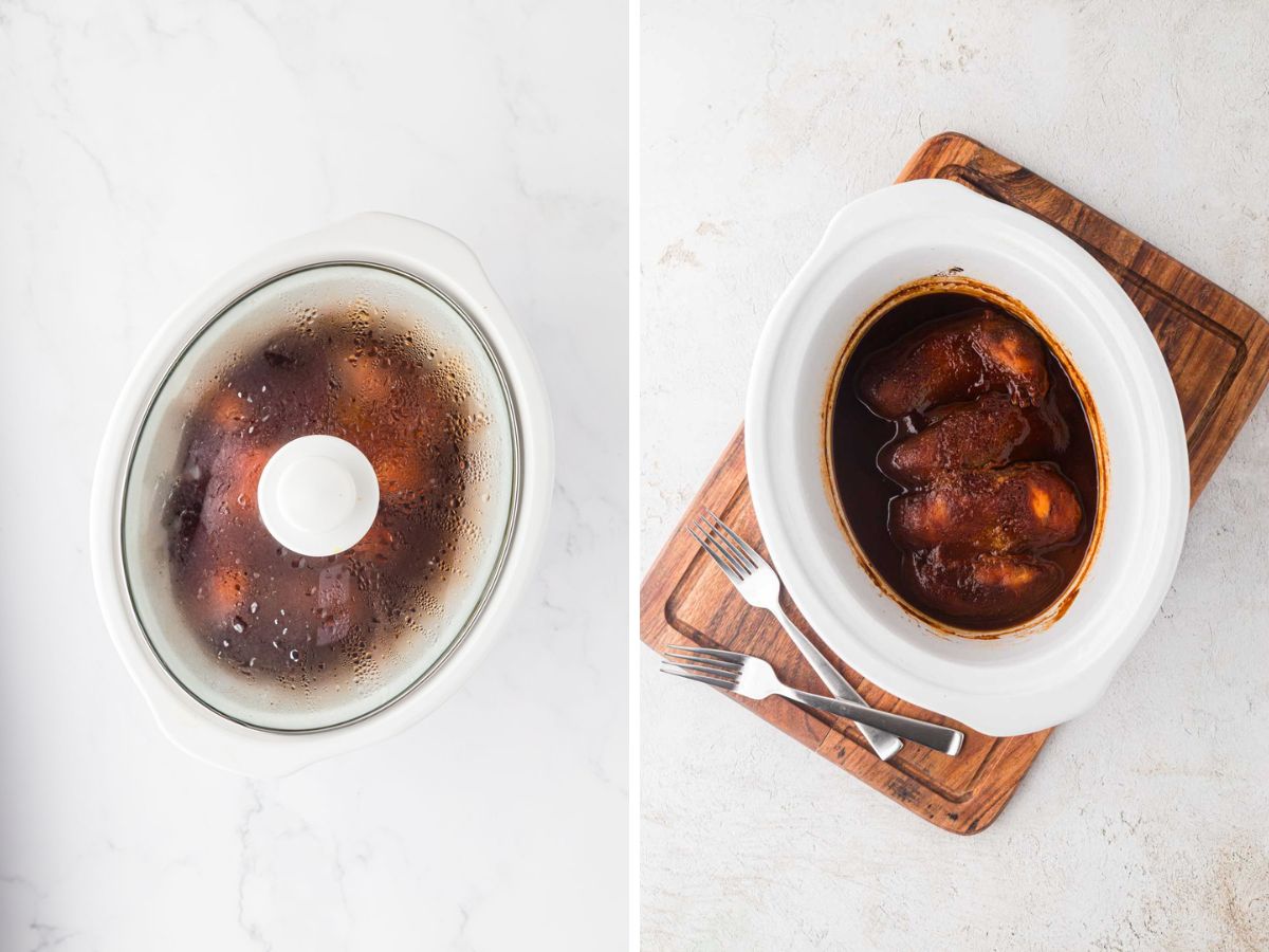 Side by side view of slow cooker BBQ chicken once finished in the slow cooker.