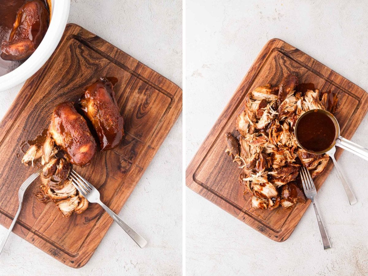 Side by side photos of shredding the BBQ chicken on a wooden board.