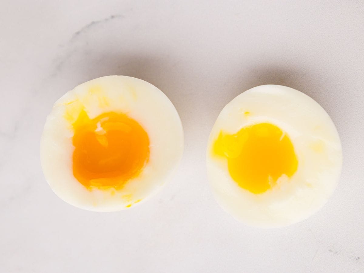Soft boiled egg cut in half.