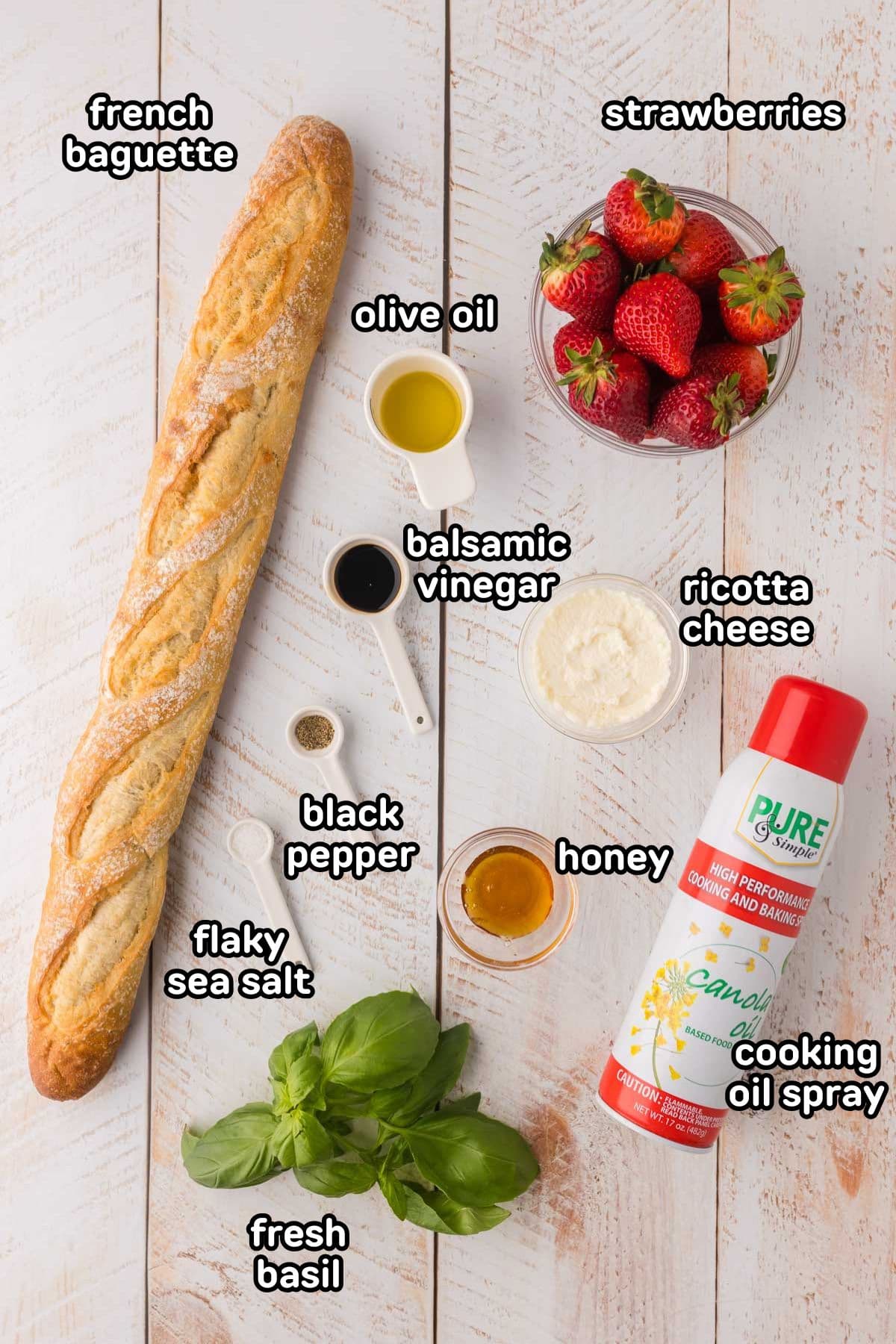 Labeled photo of the ingredients needed to make strawberry ricotta bruschetta.