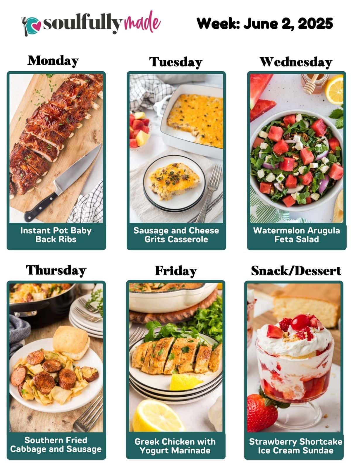 Soulfully Made weekly meal plan for June 2, 2025 graphic.