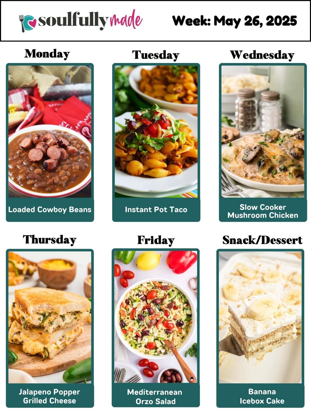 Soulfully Made's weekly meal plan graphic for the week of May 26, 2025 with recipe titles.