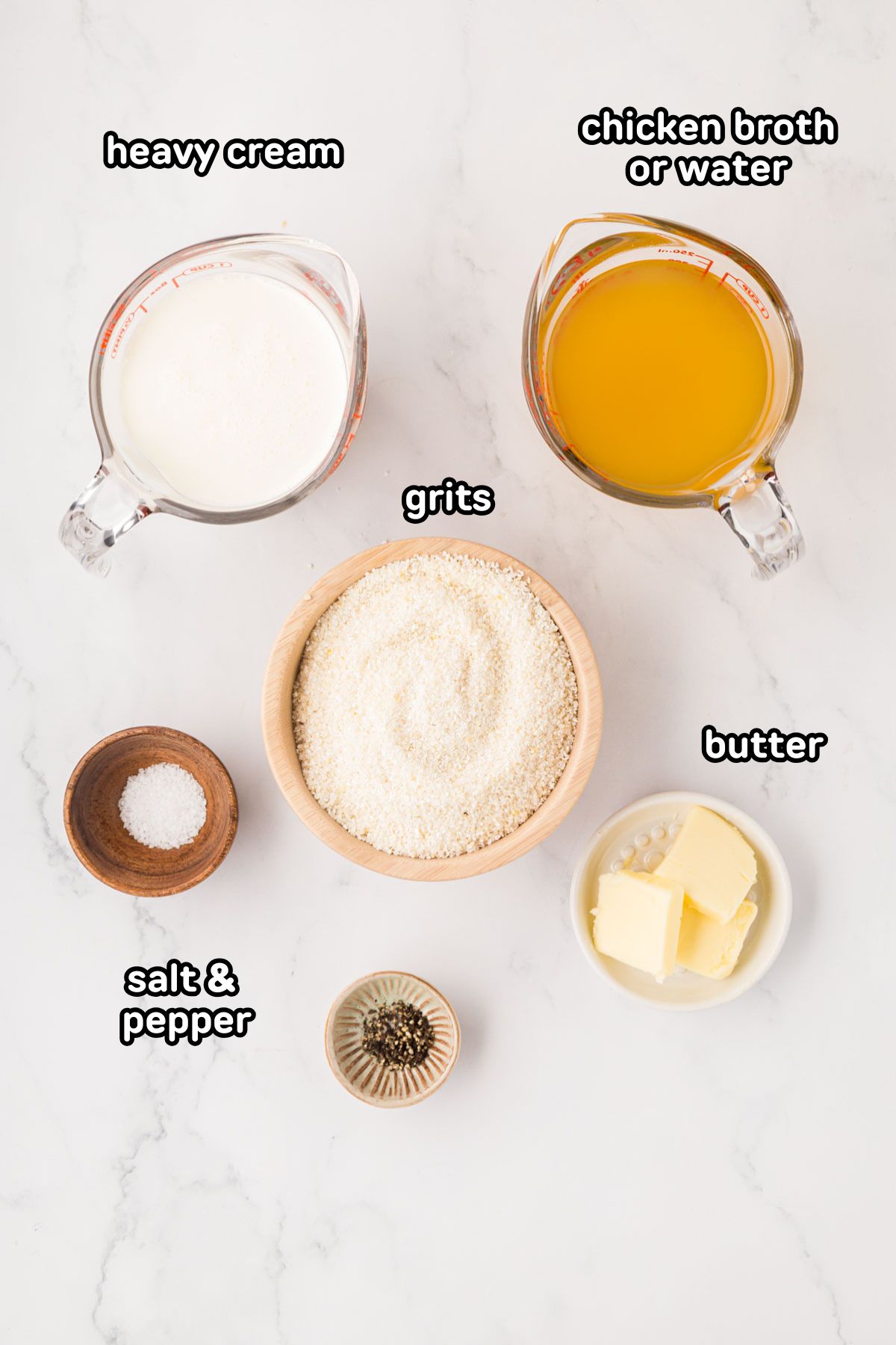 A labeled image with ingredients needed to make the best southern grits.