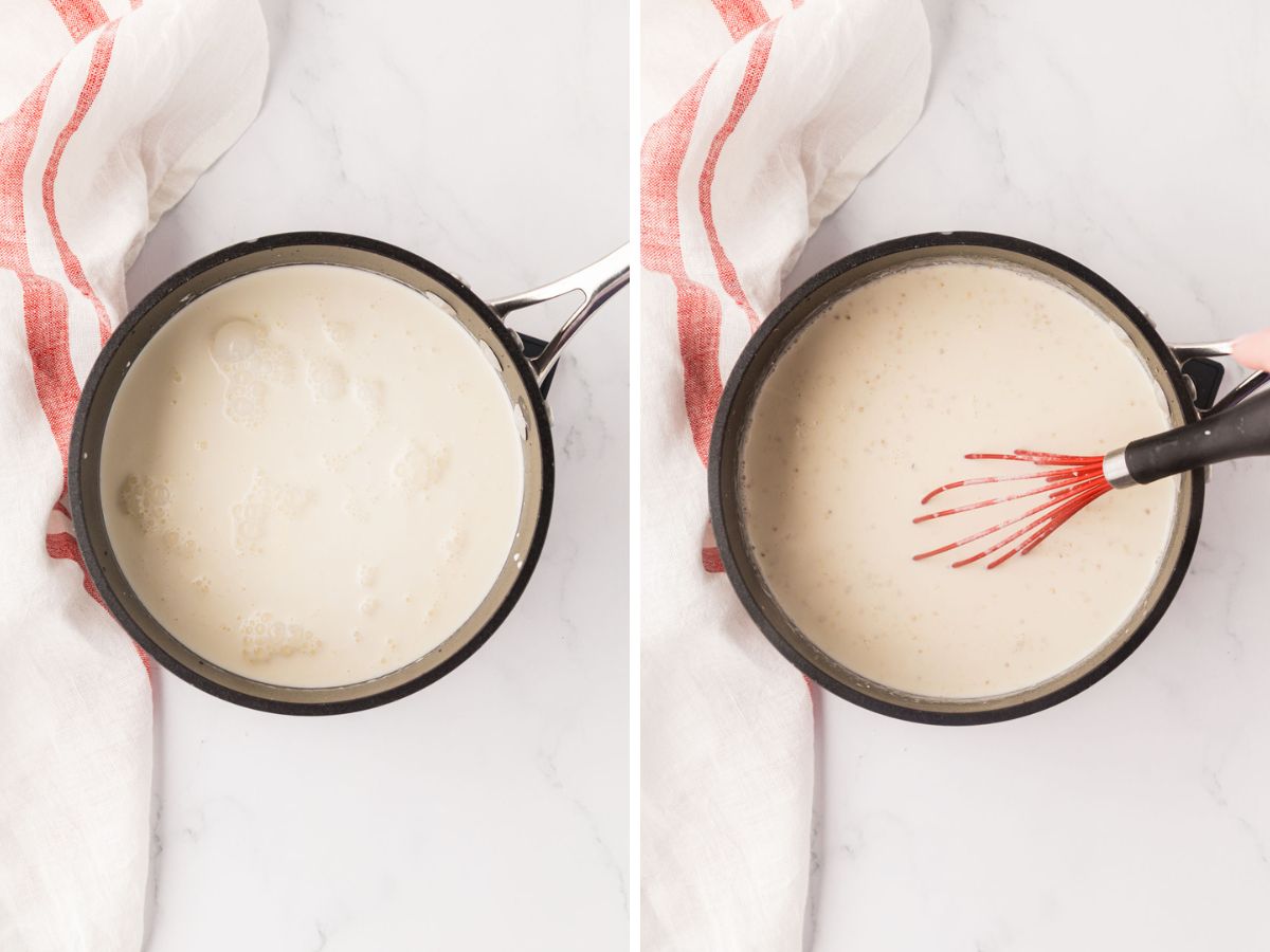 Broth and heavy cream in a saucepan.
