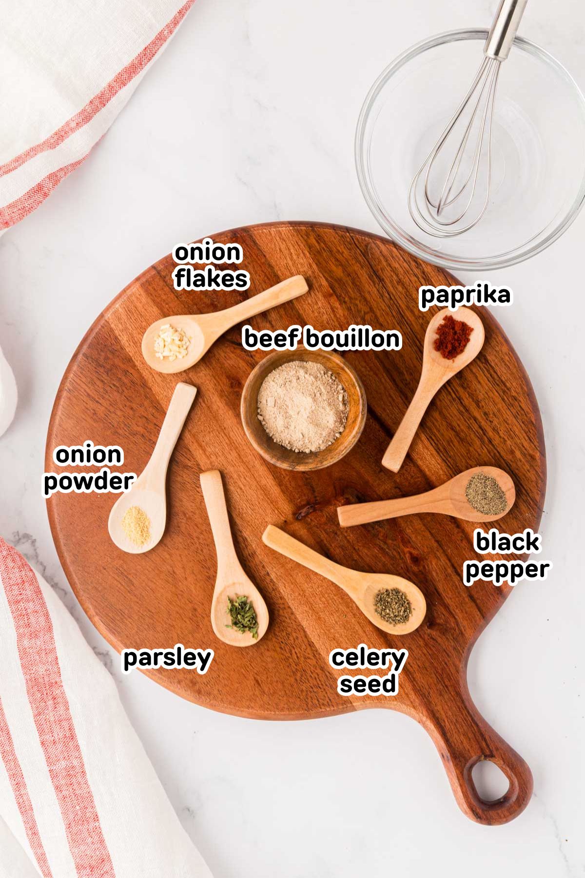 Labeled image of ingredients needed to make onion soup mix.