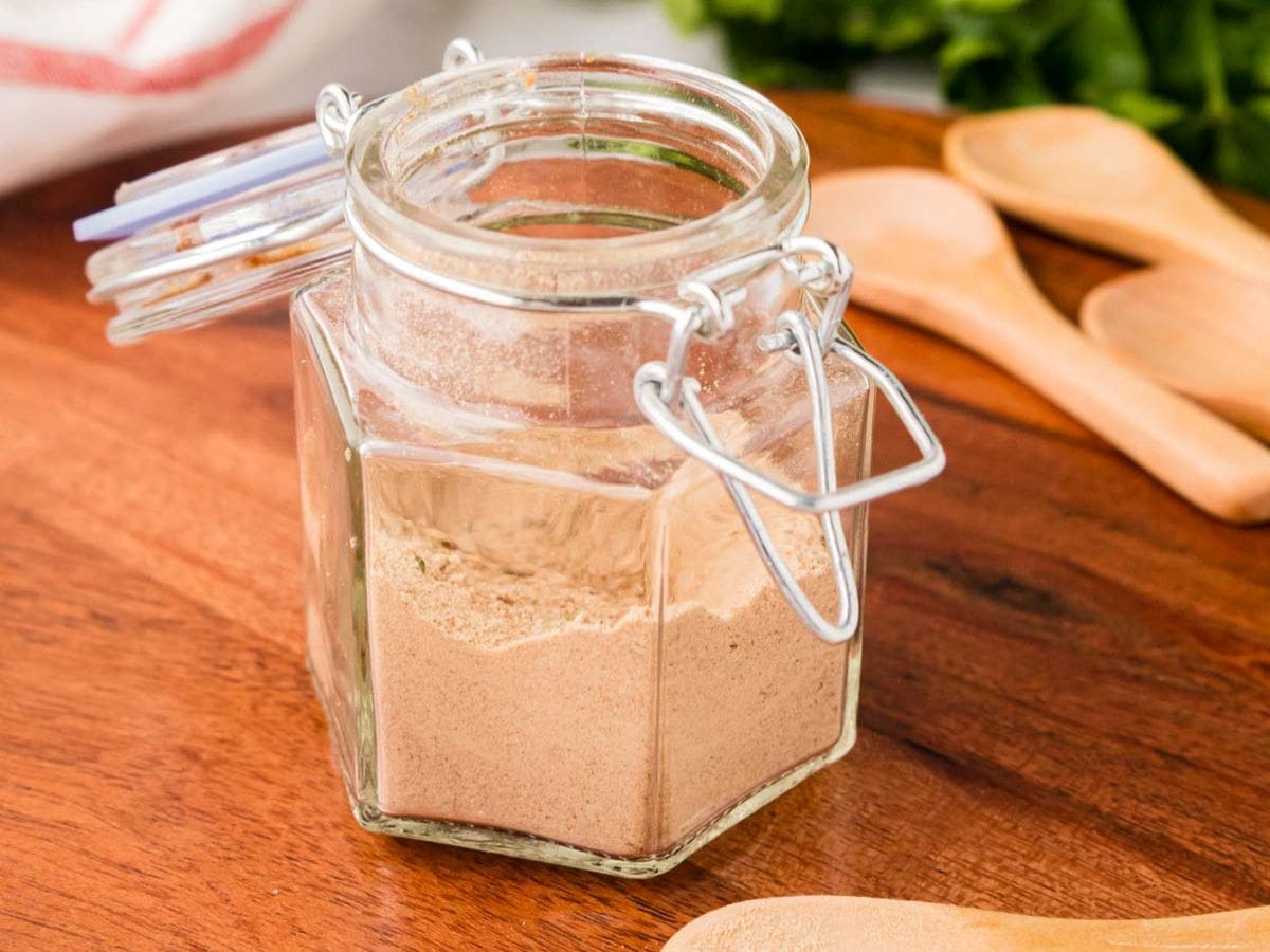 A spice jar of homemade french onion soup mix.