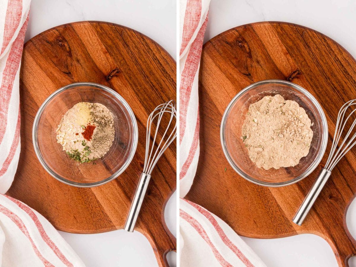 A glass bowl with spices to make homemade onion soup mix.