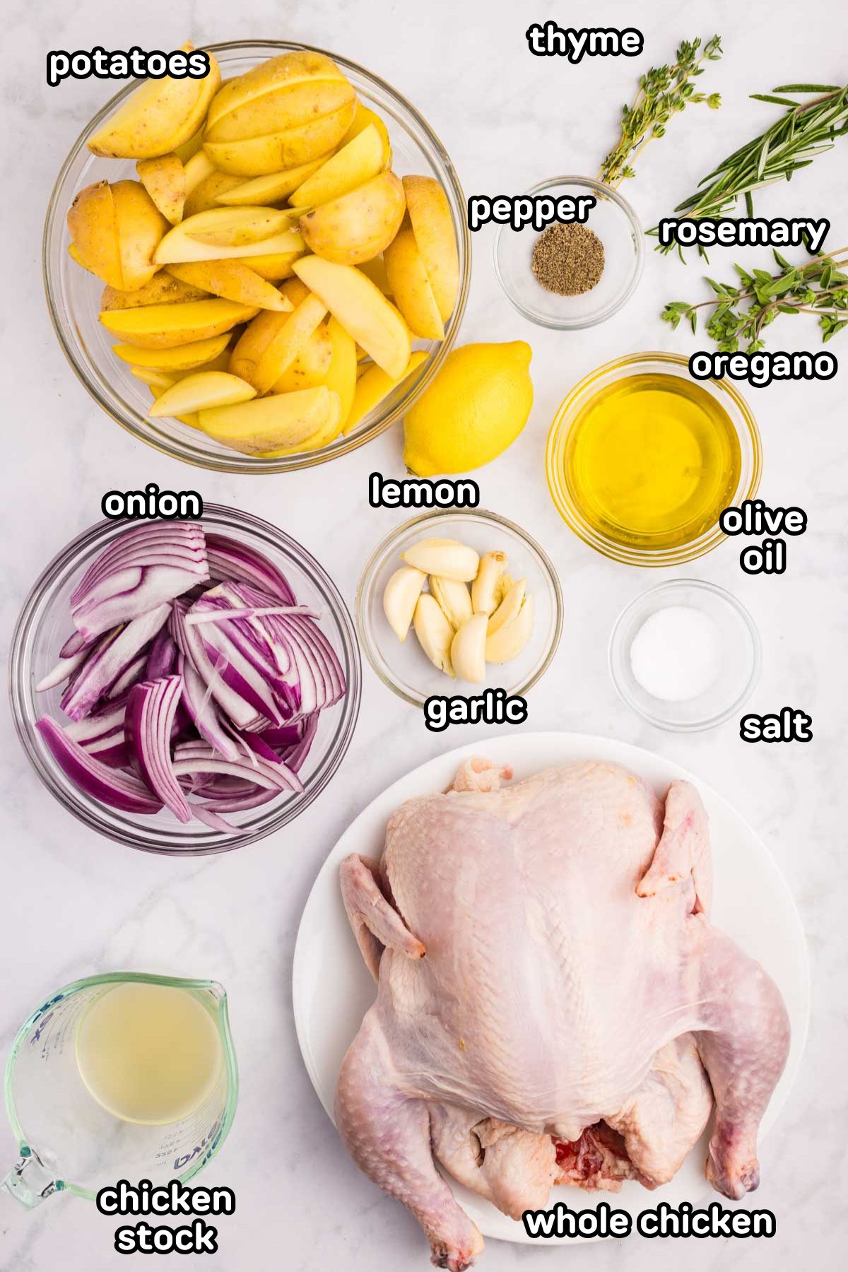 Labeled photo of the ingredients needed to make Greek roast chicken.