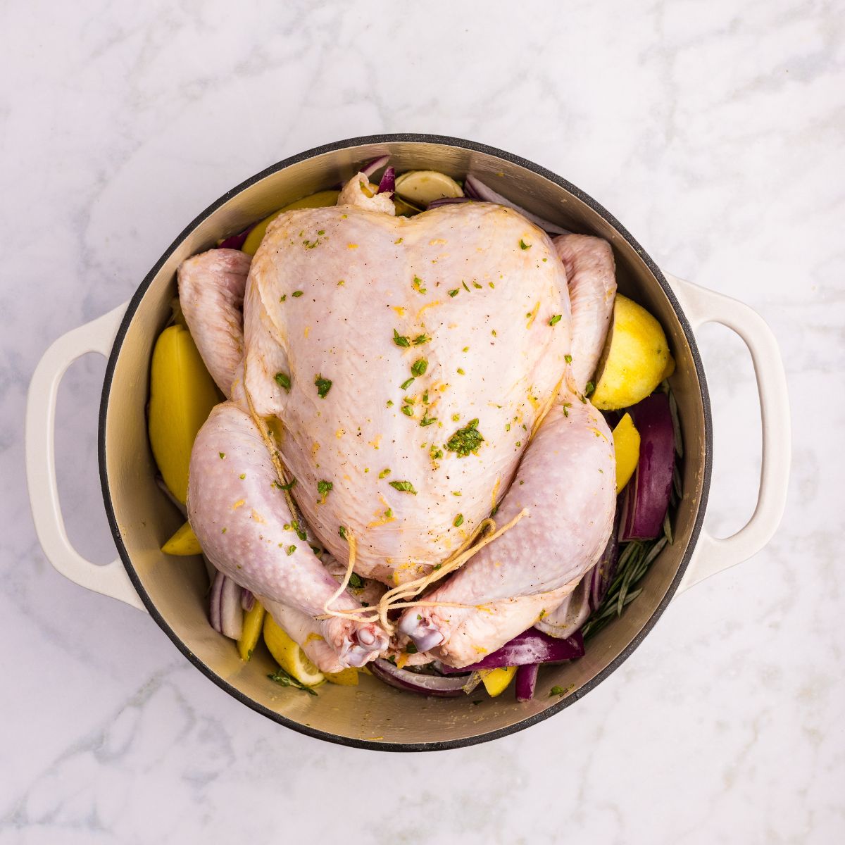 Marinated raw chicken placed on top of the vegetables in the Dutch oven.
