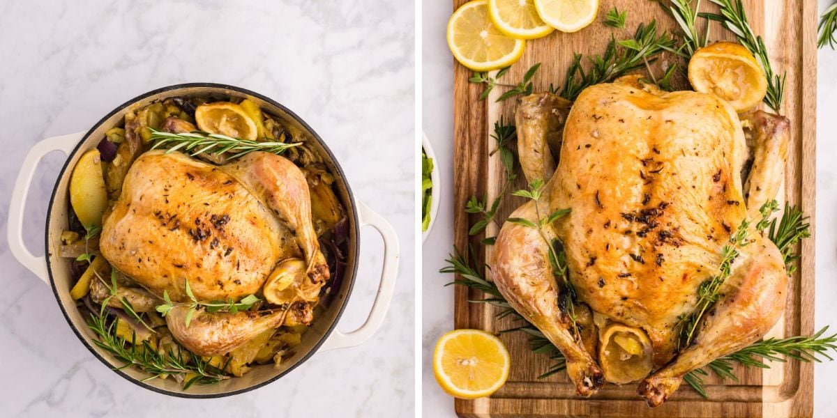 Side bye side photos of the roasted Greek chicken in the Dutch oven then placed on a wooden board.