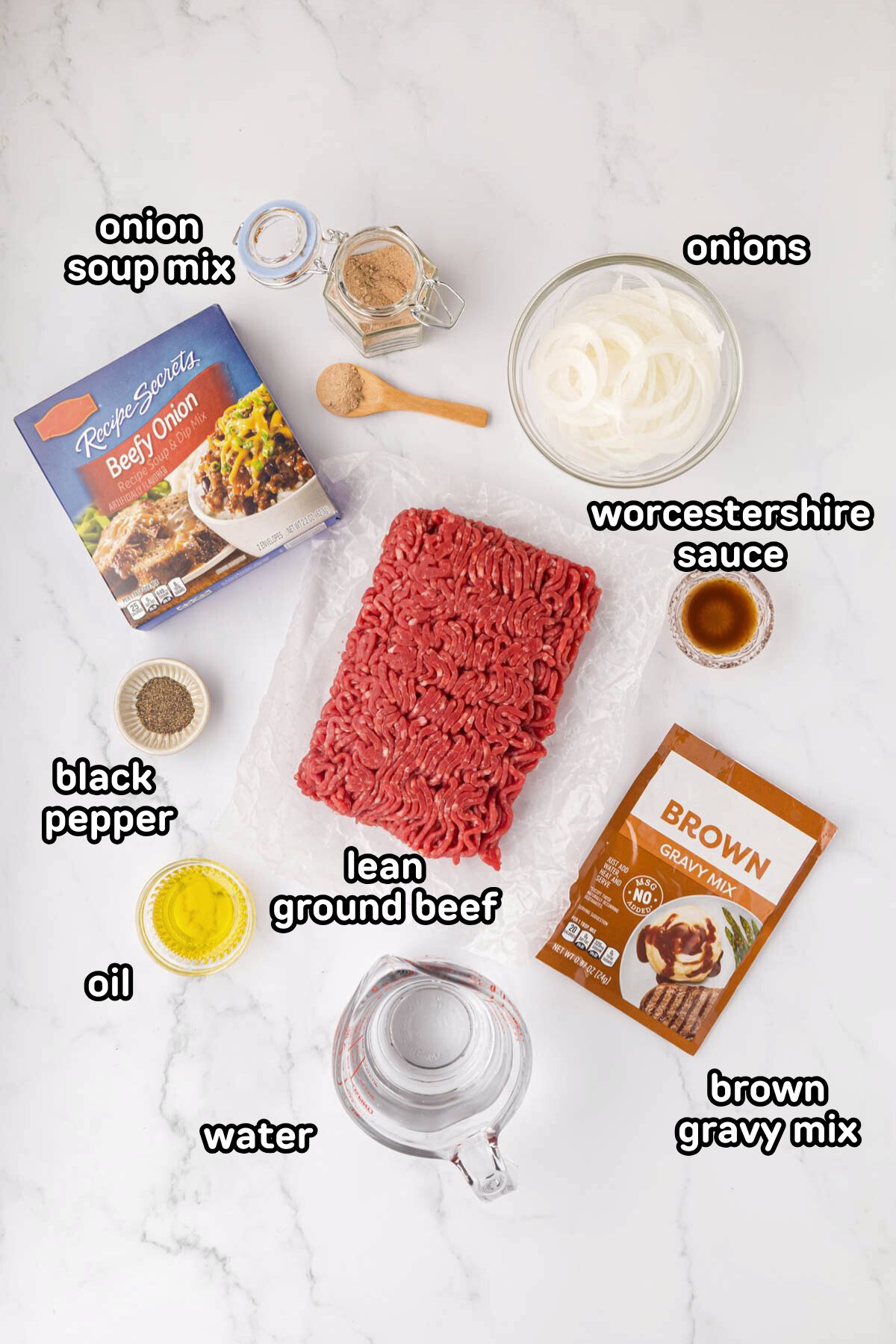 Labeled image of ingredients needed to make hamburger steaks with gravy.