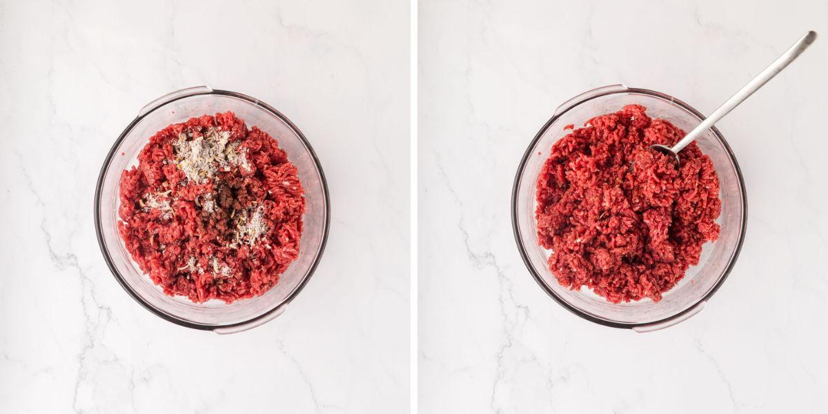 Ground beef and spices in a bowl.