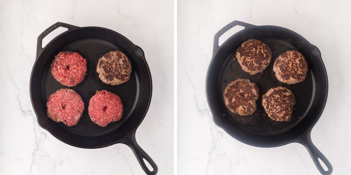 Hamburgers cooking in a cast iron skillet.