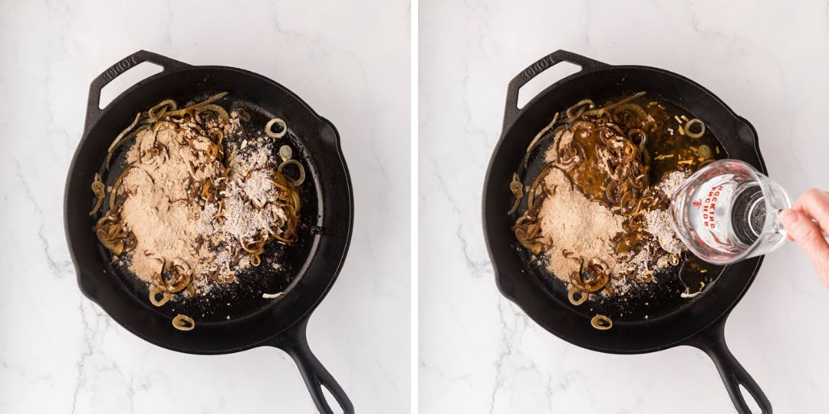 Gravy mix and water added to skillet.