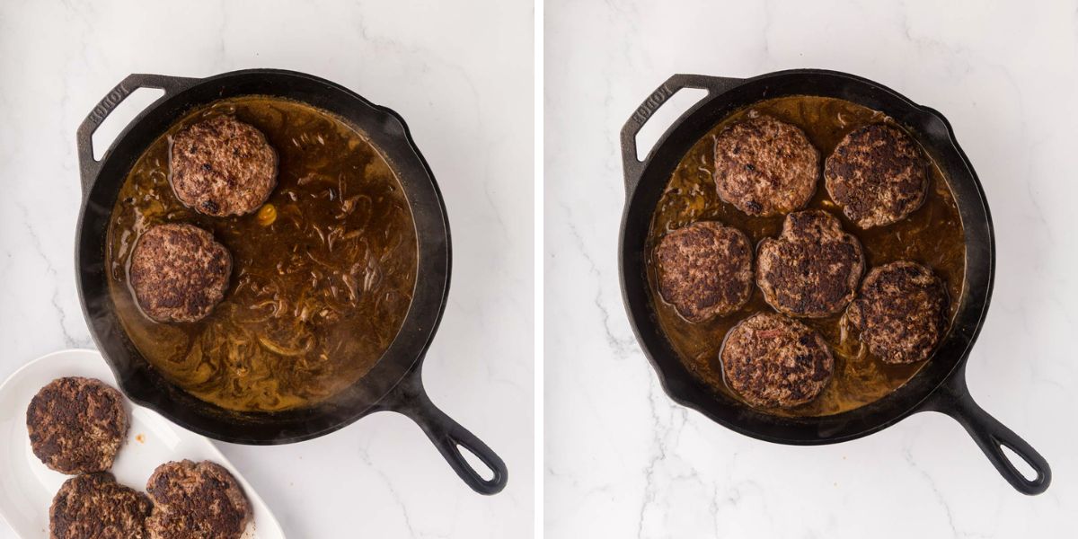 Gravy in a skillet with hamburgers.