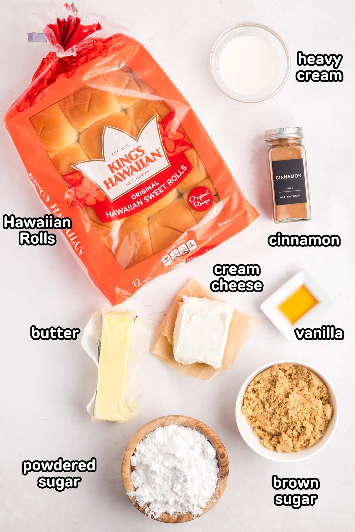 Labeled photo of ingredients needed to make Hawaiian roll cinnamon rolls.