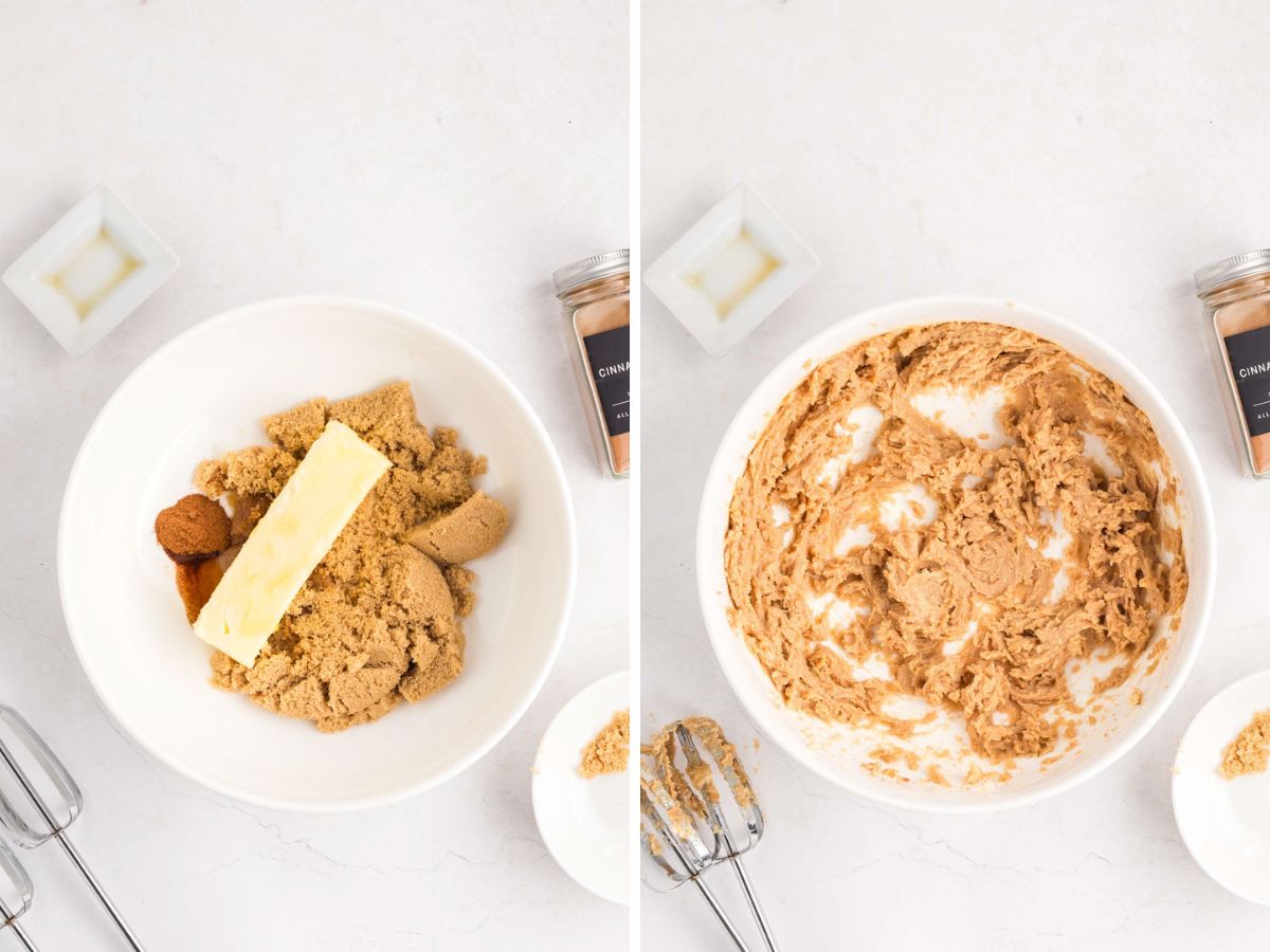 Side by side photos of mixing together butter with sugar and spices.