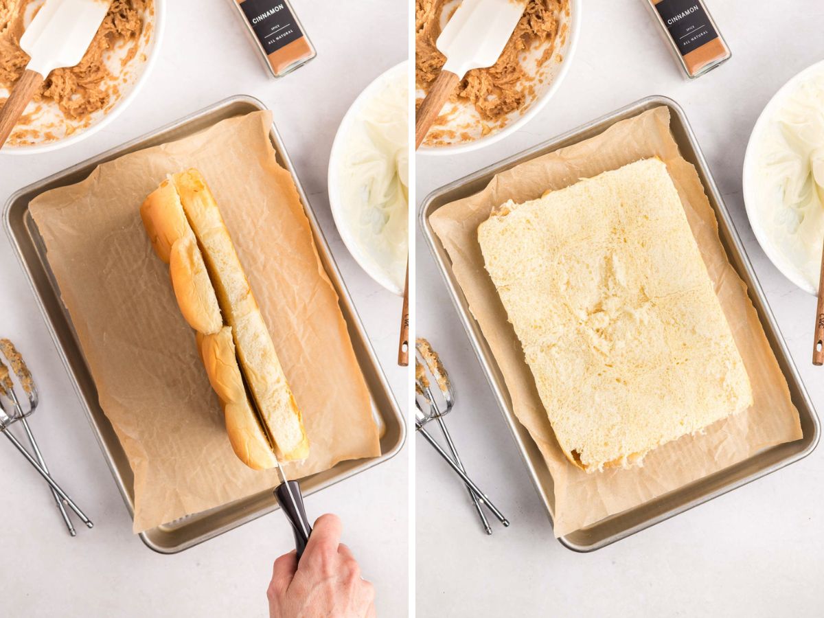 Side by side photos of sliced the Hawaiian rolls in half.