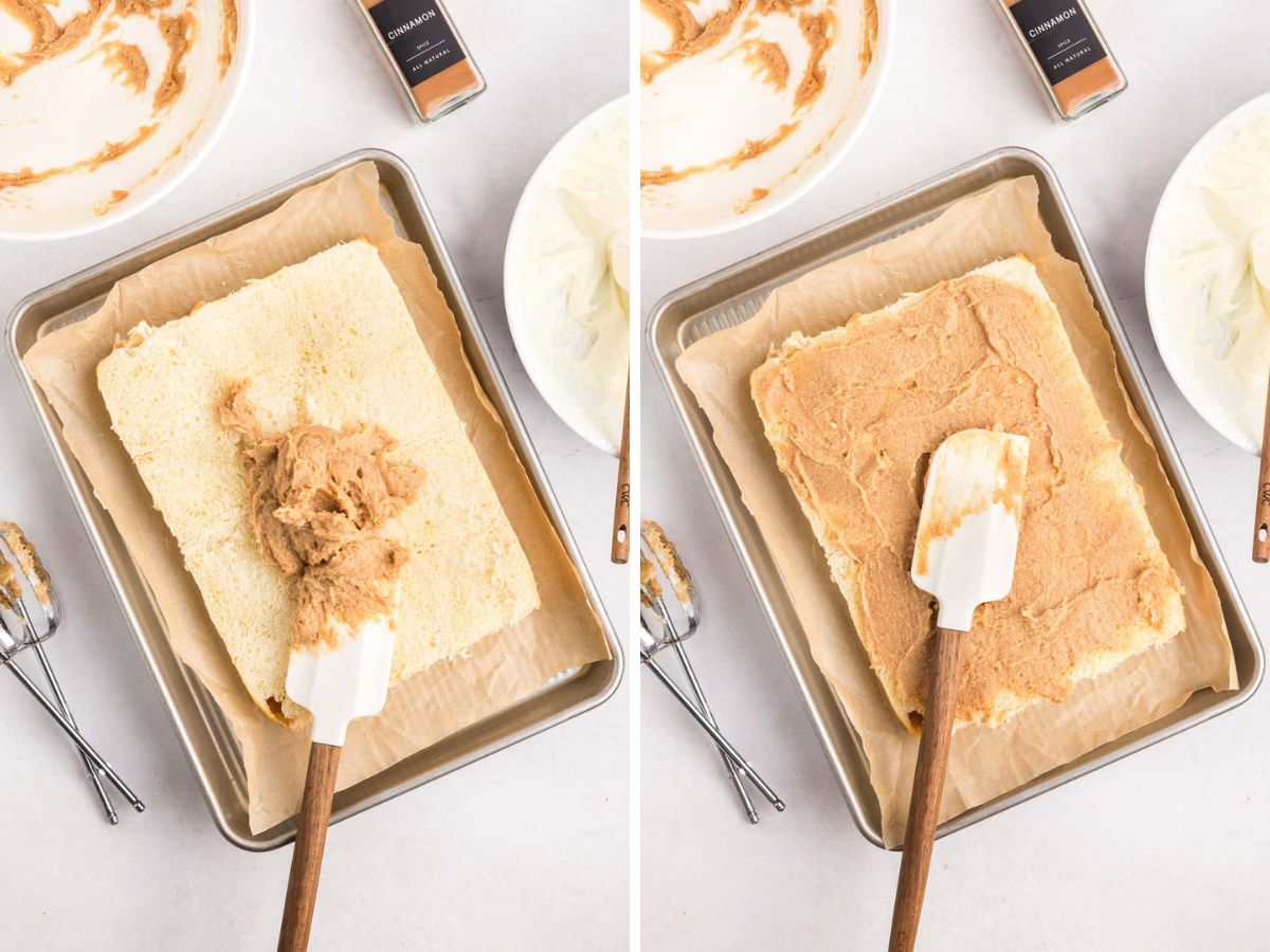 Side by side photos of spreading the butter and sugar mixture on the bottom of the rolls.