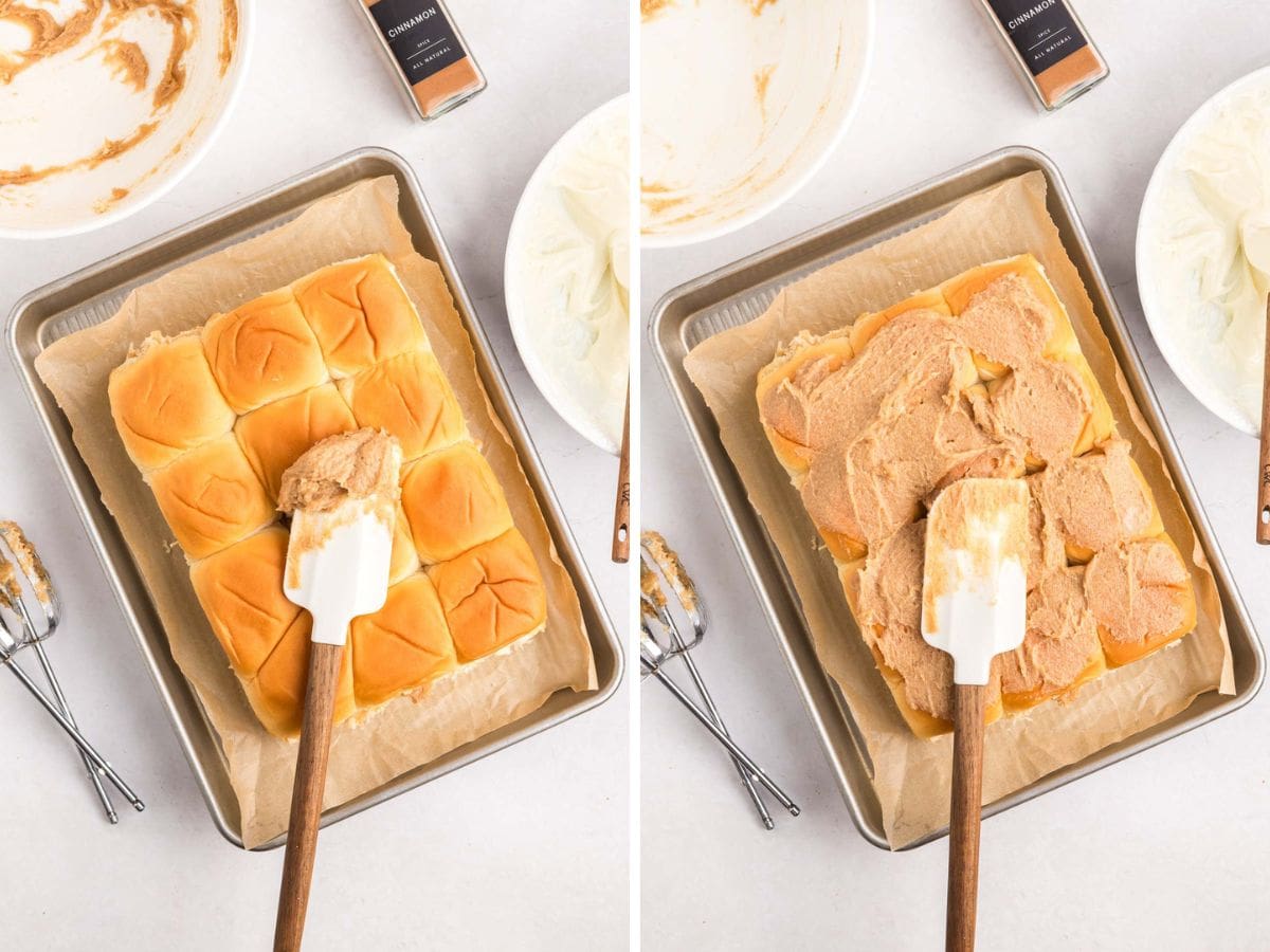 Placing the top half of the rolls on top and spreading more butter mixture on top.