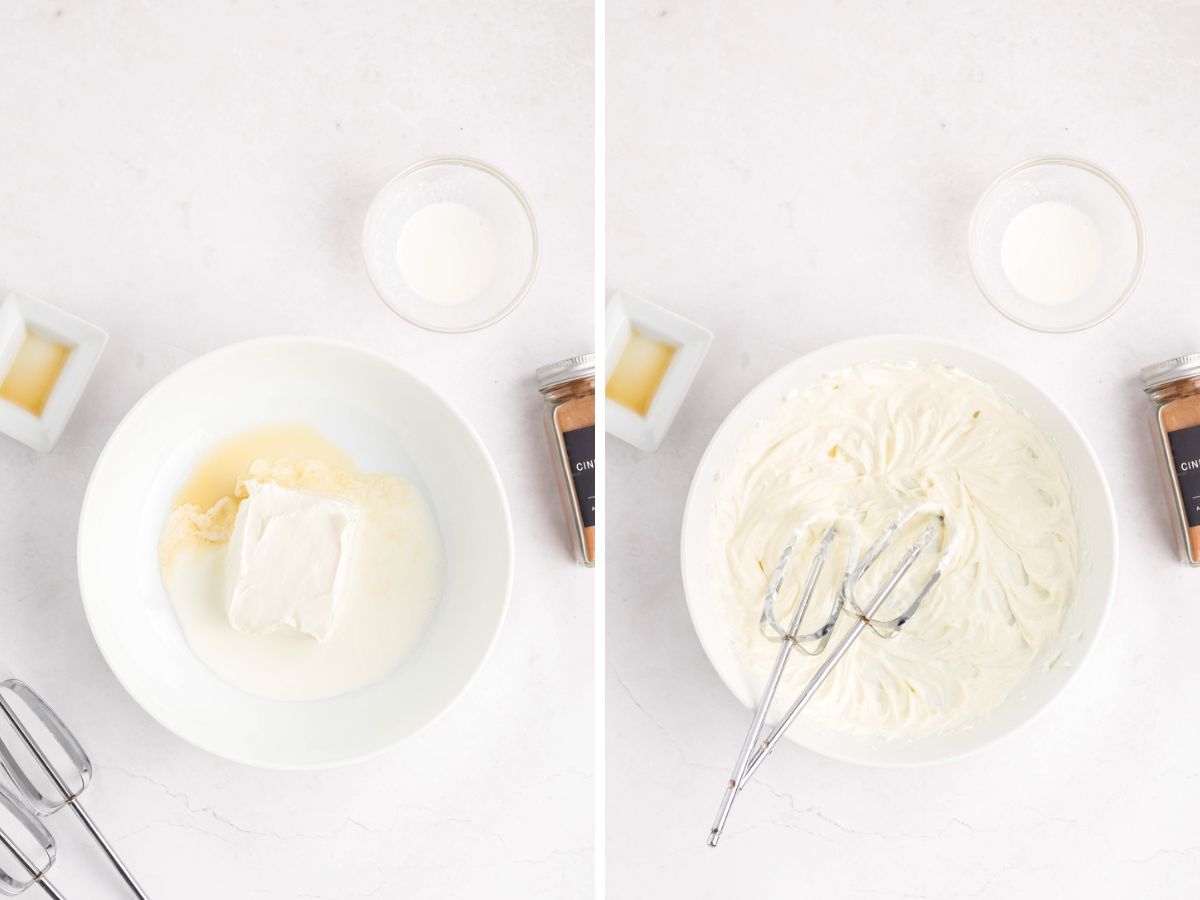 Two images of a bowl of whipped cream and a bowl of butter.