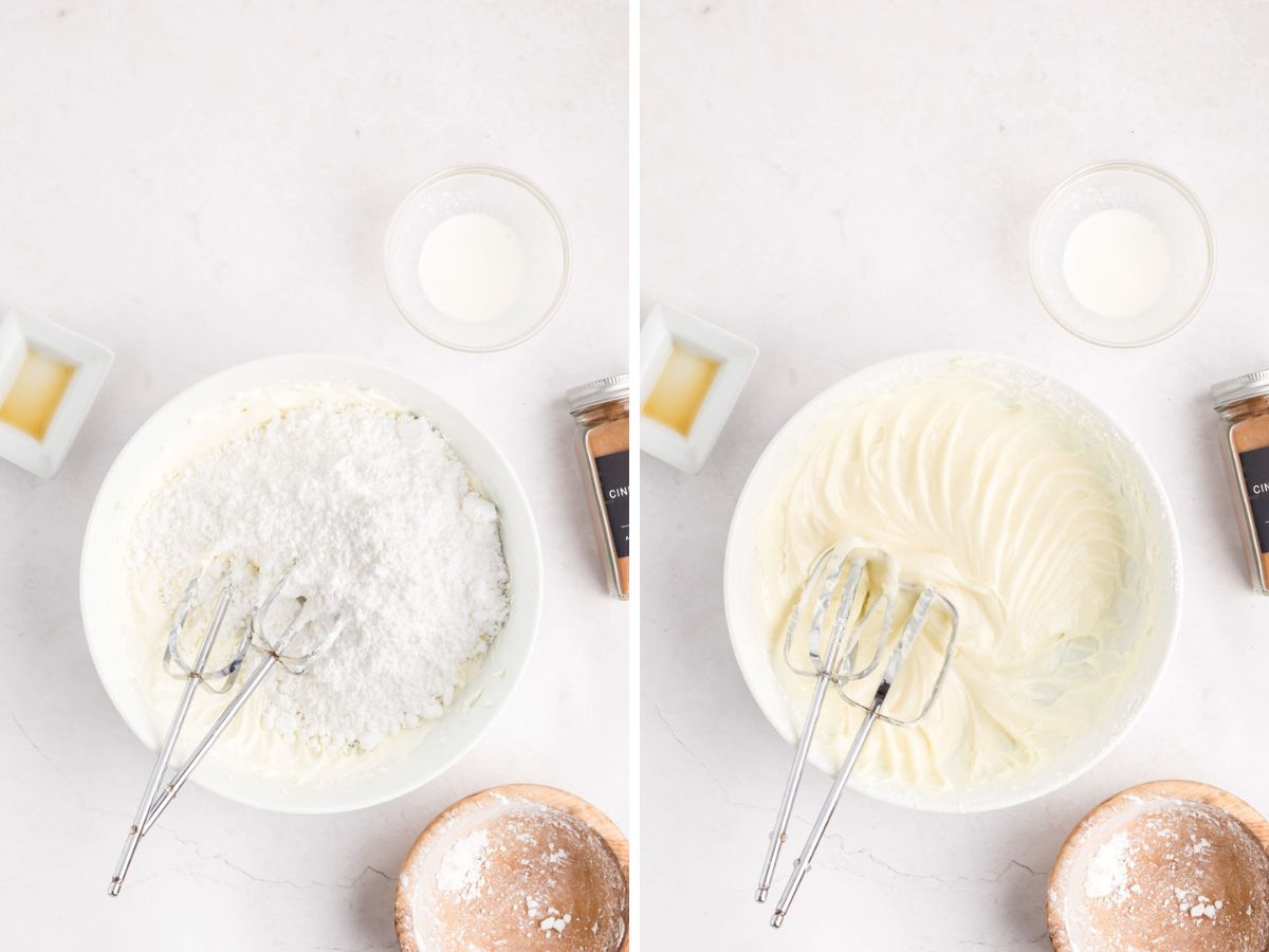 Side by side photos of mixing the powder sugar into the cream cheese to create frosting.