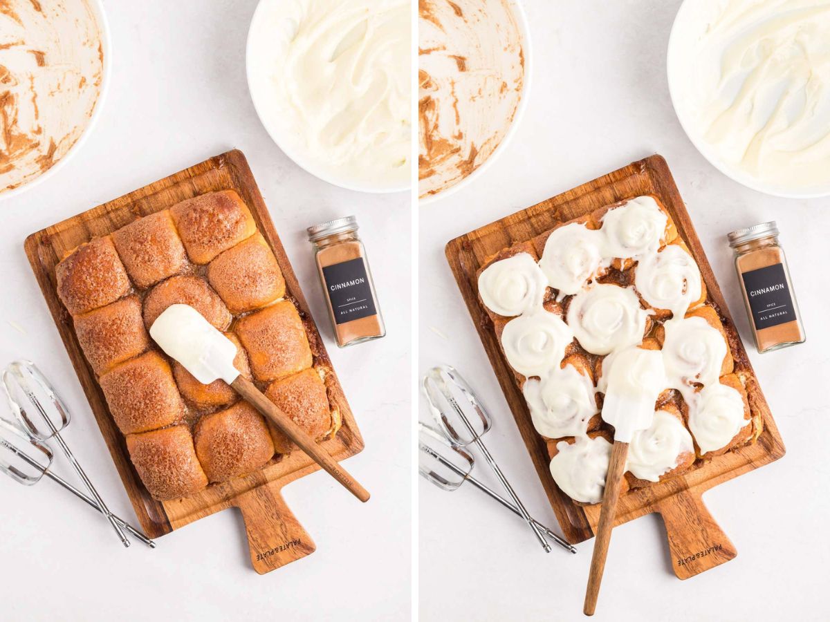 Side by side photos of spreading icing on top of the baked Hawaiian rolls.