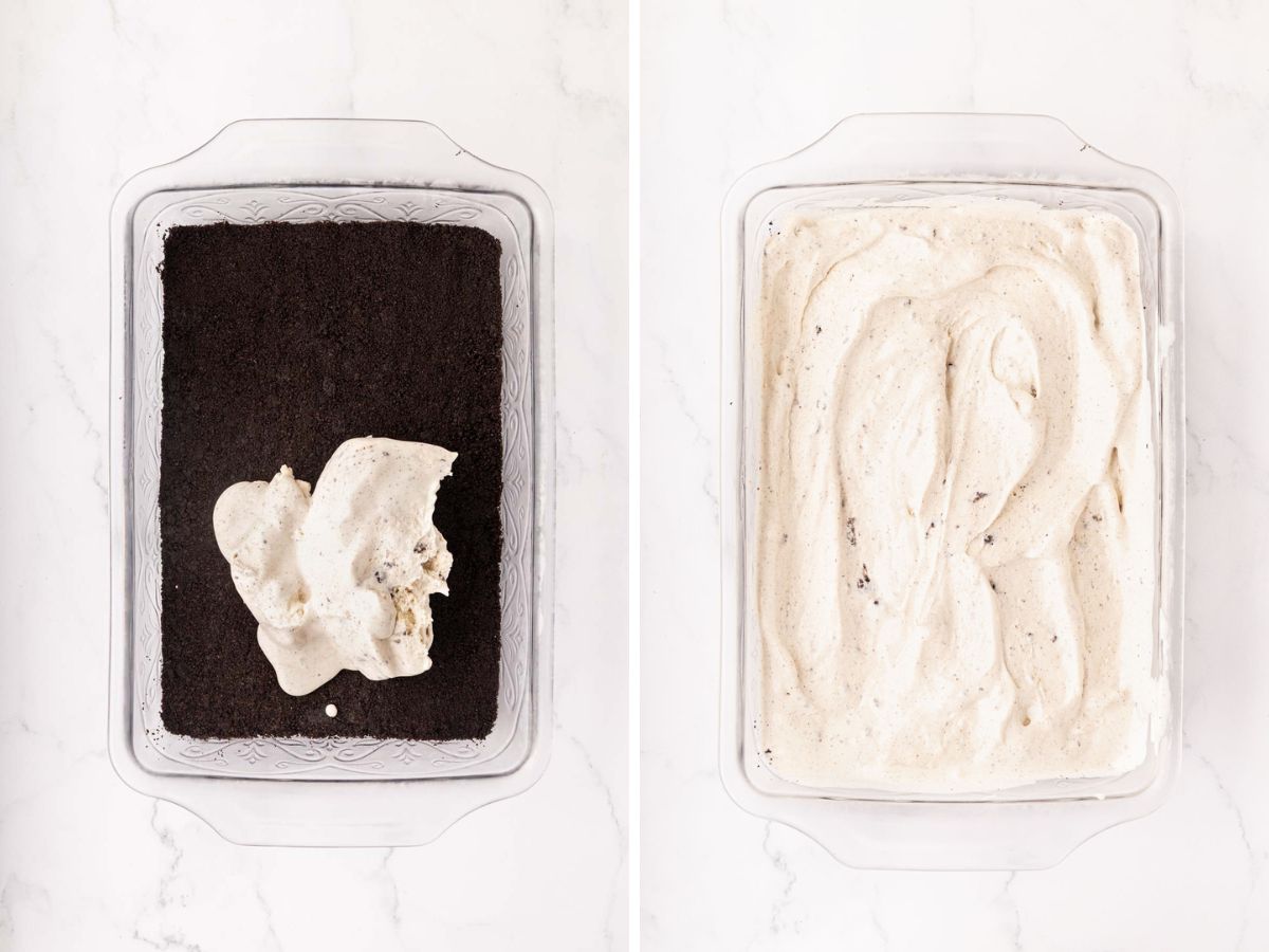 Softened Oreo ice cream spread over crust.