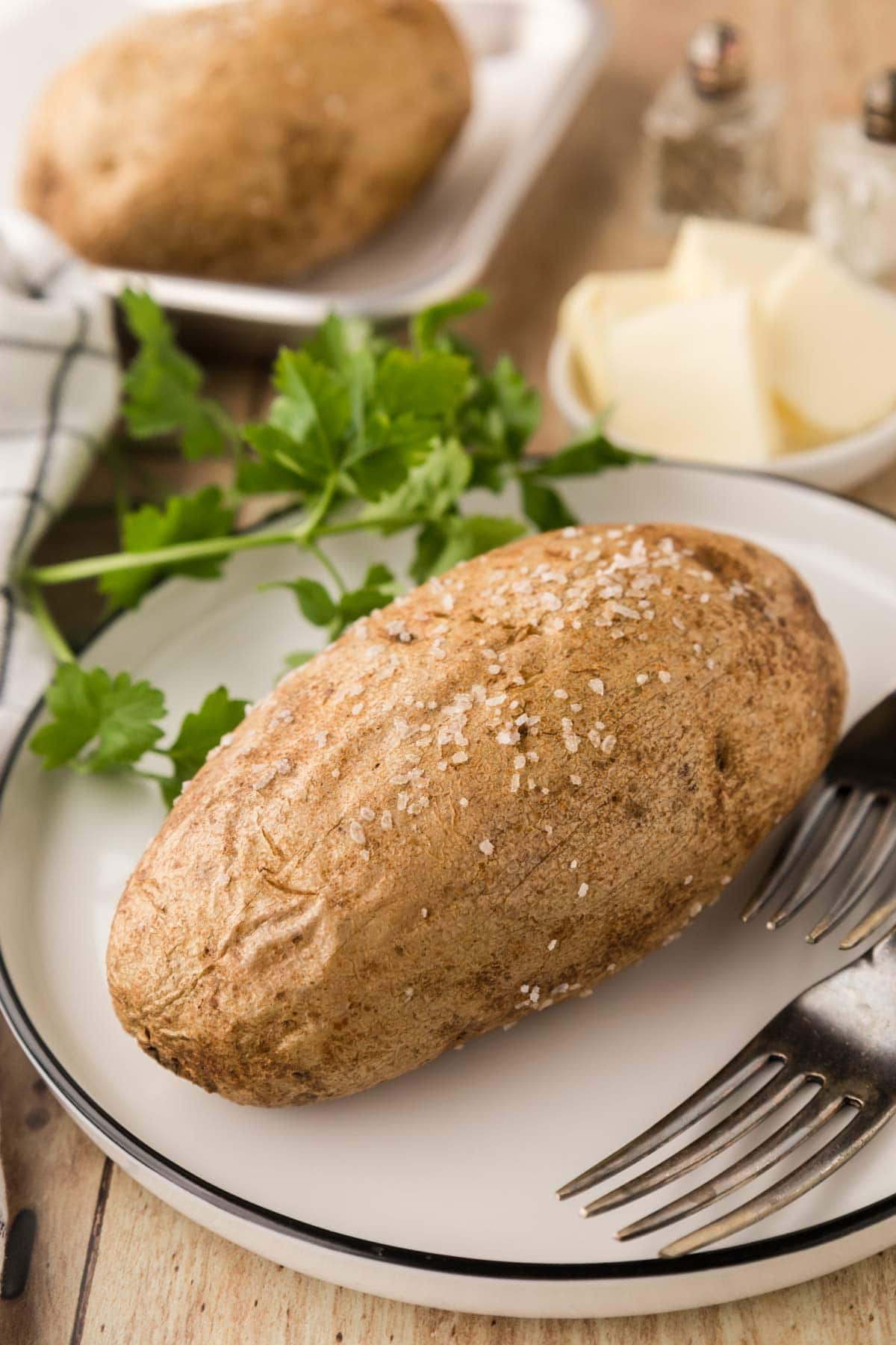 A baked potato on a white plate.