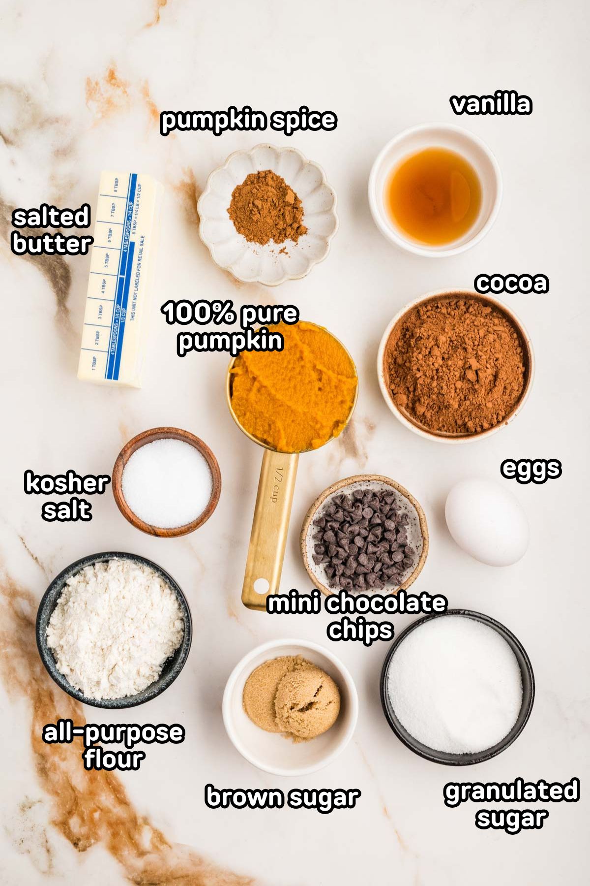 Ingredients needed to make pumpkin brownies.